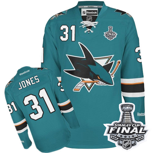 Mens Reebok San Jose Sharks 31 Martin Jones Authentic Teal Green Home 2016 Stanley Cup Final Bound NHL Jersey